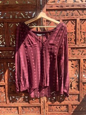 ZOA  New York Silk Wine-Red Embroidered Boho Peasant Top